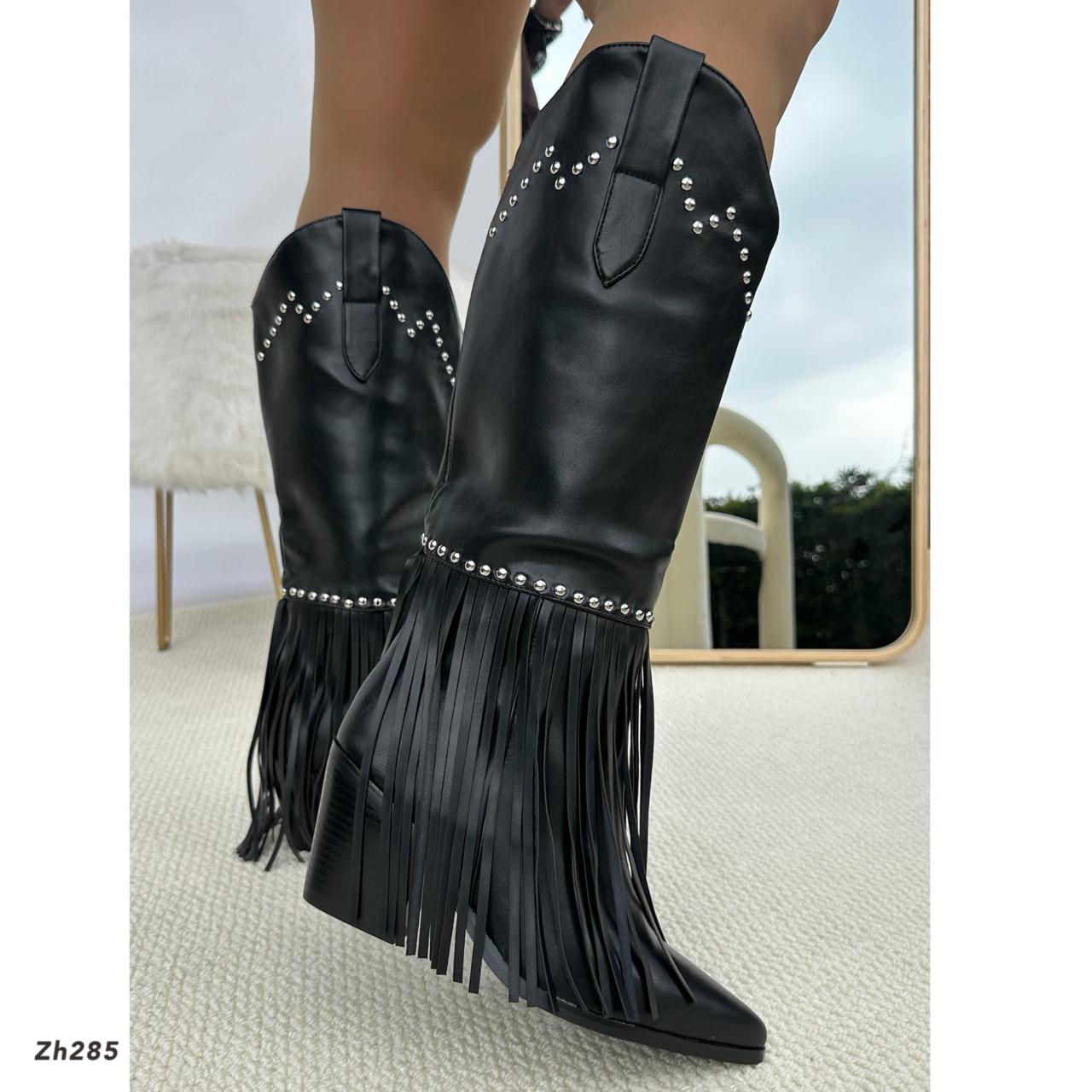 Bota texana negro apliques plateado detalle flecos tacon 8cm HX3191-B9648